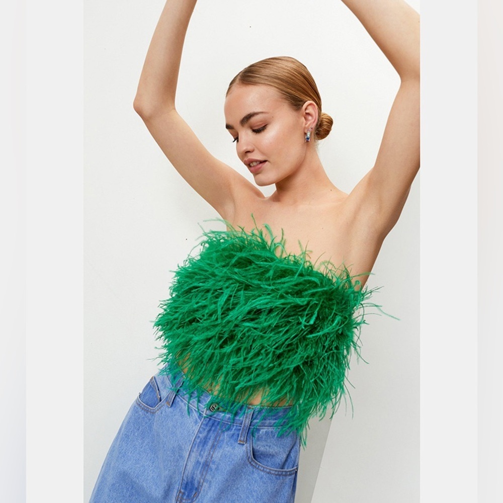 Nasty Gal Green Feather Bandeau Tube Top Crop US 4